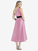 Rear View Thumbnail - Powder Pink & Black Draped One-Shoulder Satin Midi Dress with Pockets