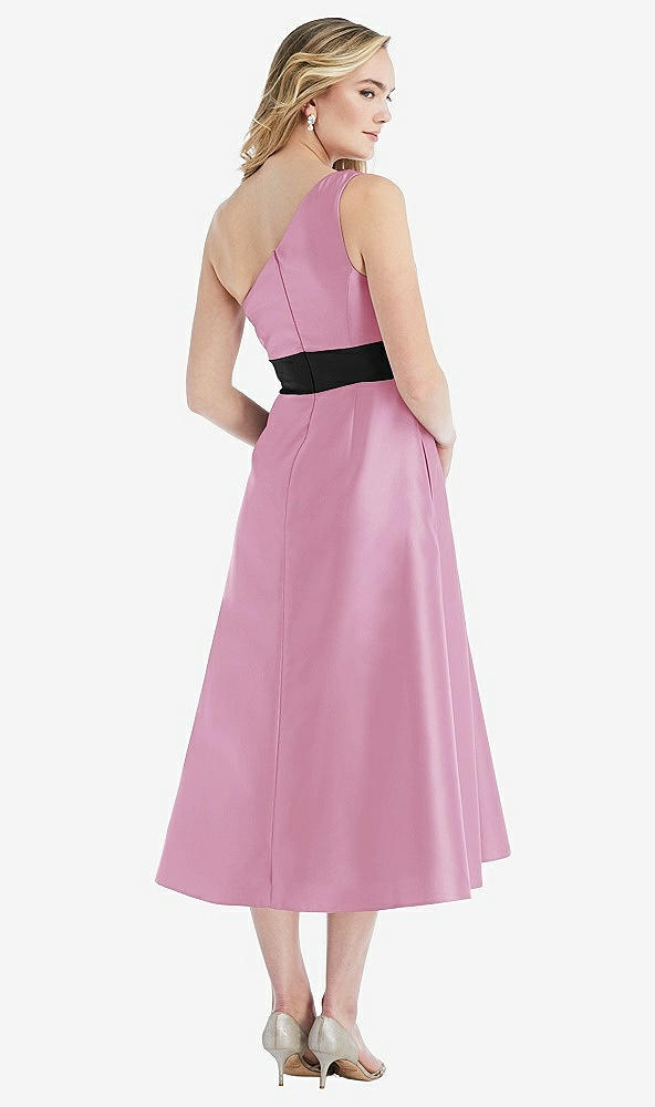 Back View - Powder Pink & Black Draped One-Shoulder Satin Midi Dress with Pockets