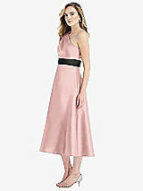 Side View Thumbnail - Rose - PANTONE Rose Quartz & Black Draped One-Shoulder Satin Midi Dress with Pockets