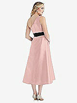 Rear View Thumbnail - Rose - PANTONE Rose Quartz & Black Draped One-Shoulder Satin Midi Dress with Pockets