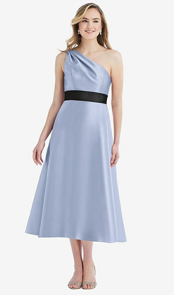 Front View - Sky Blue & Black Draped One-Shoulder Satin Midi Dress with Pockets