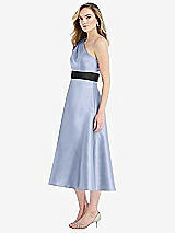 Side View Thumbnail - Sky Blue & Black Draped One-Shoulder Satin Midi Dress with Pockets