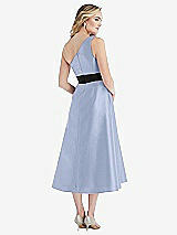Rear View Thumbnail - Sky Blue & Black Draped One-Shoulder Satin Midi Dress with Pockets
