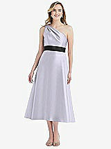Front View Thumbnail - Silver Dove & Black Draped One-Shoulder Satin Midi Dress with Pockets