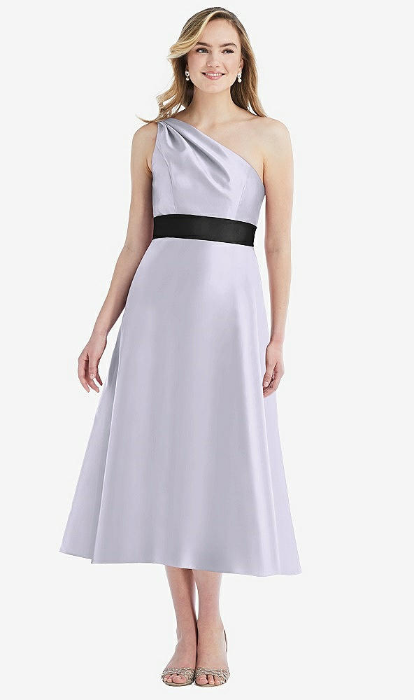 Front View - Silver Dove & Black Draped One-Shoulder Satin Midi Dress with Pockets