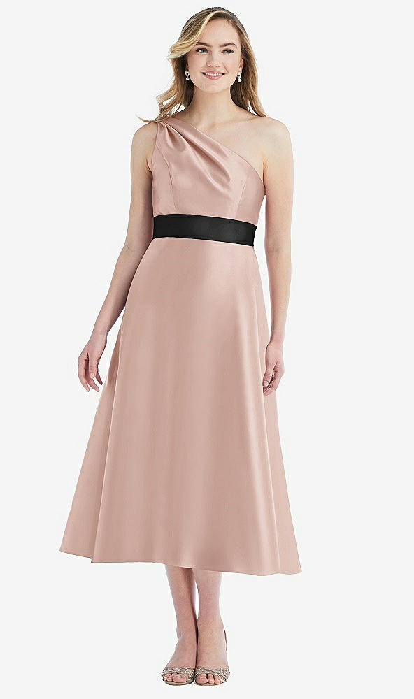 Front View - Toasted Sugar & Black Draped One-Shoulder Satin Midi Dress with Pockets