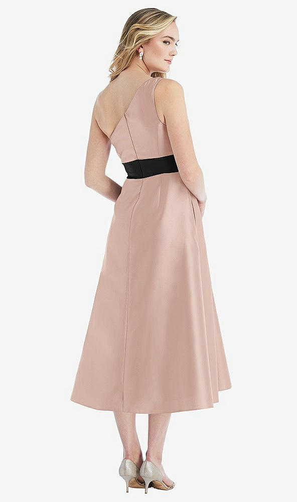Back View - Toasted Sugar & Black Draped One-Shoulder Satin Midi Dress with Pockets