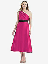 Front View Thumbnail - Think Pink & Black Draped One-Shoulder Satin Midi Dress with Pockets