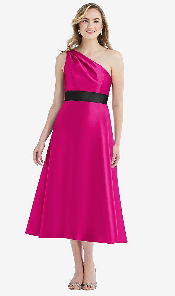 Front View - Think Pink & Black Draped One-Shoulder Satin Midi Dress with Pockets