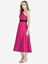 Side View Thumbnail - Think Pink & Black Draped One-Shoulder Satin Midi Dress with Pockets