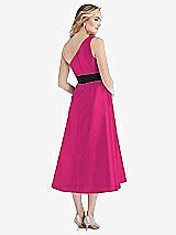 Rear View Thumbnail - Think Pink & Black Draped One-Shoulder Satin Midi Dress with Pockets