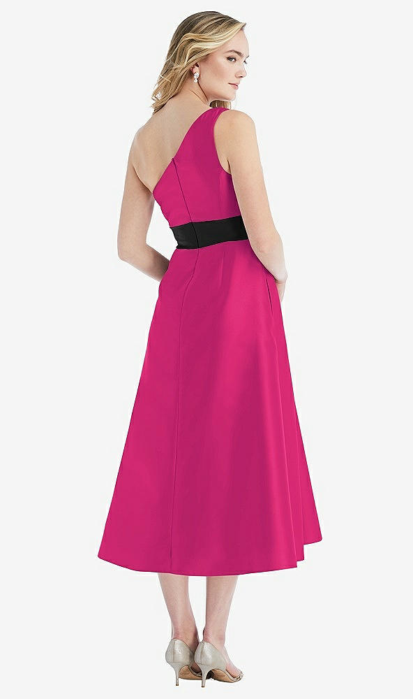 Back View - Think Pink & Black Draped One-Shoulder Satin Midi Dress with Pockets