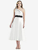 Front View Thumbnail - White & Black Draped One-Shoulder Satin Midi Dress with Pockets
