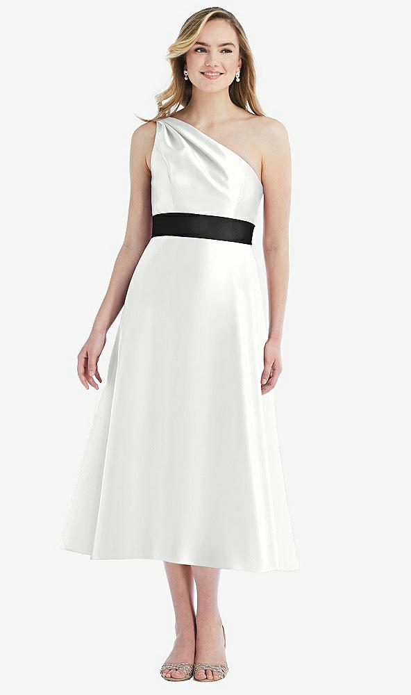 Front View - White & Black Draped One-Shoulder Satin Midi Dress with Pockets