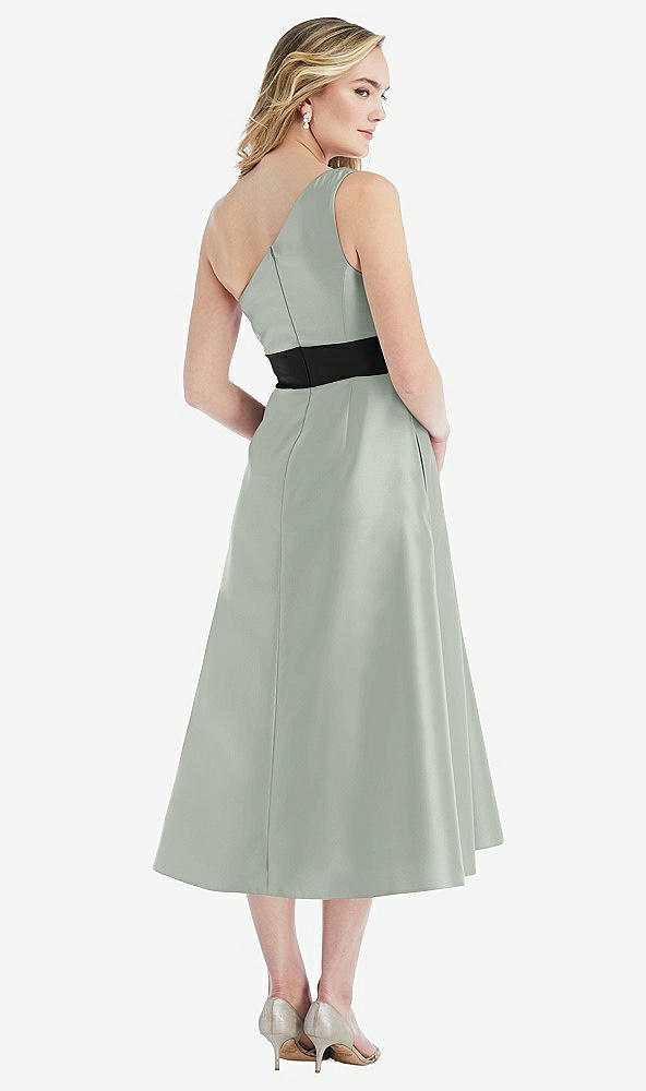 Back View - Willow Green & Black Draped One-Shoulder Satin Midi Dress with Pockets