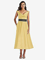 Front View Thumbnail - Maize & Caviar Gray Off-the-Shoulder Draped Wrap Satin Midi Dress with Pockets