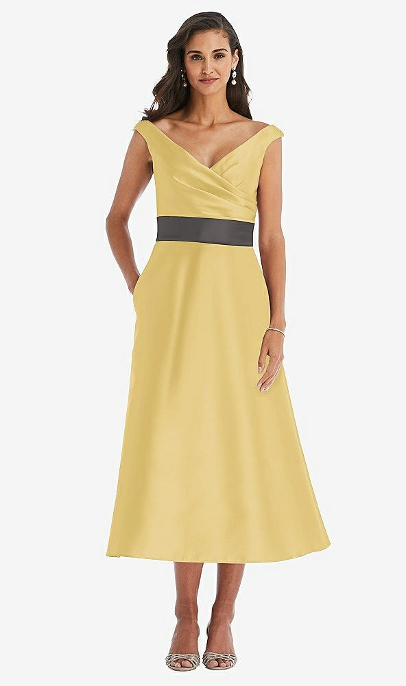 Front View - Maize & Caviar Gray Off-the-Shoulder Draped Wrap Satin Midi Dress with Pockets