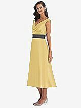 Side View Thumbnail - Maize & Caviar Gray Off-the-Shoulder Draped Wrap Satin Midi Dress with Pockets