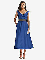 Front View Thumbnail - Classic Blue & Caviar Gray Off-the-Shoulder Draped Wrap Satin Midi Dress with Pockets