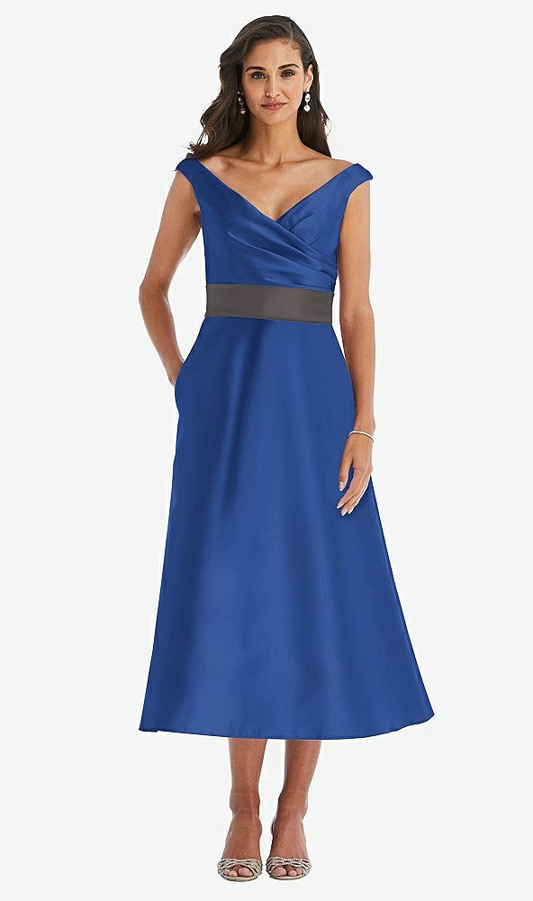 Front View - Classic Blue & Caviar Gray Off-the-Shoulder Draped Wrap Satin Midi Dress with Pockets