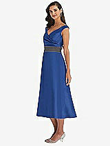 Side View Thumbnail - Classic Blue & Caviar Gray Off-the-Shoulder Draped Wrap Satin Midi Dress with Pockets