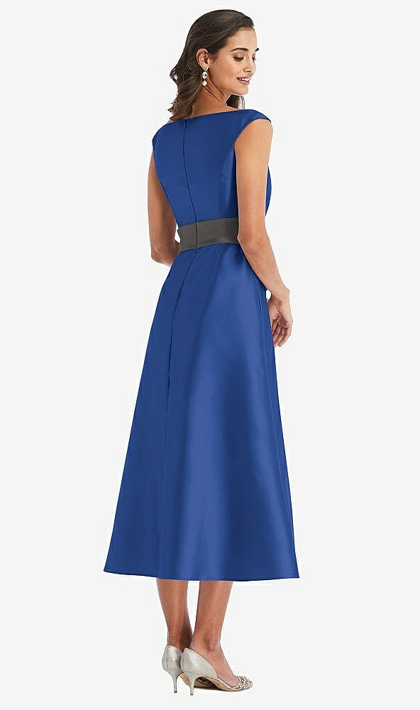 Back View - Classic Blue & Caviar Gray Off-the-Shoulder Draped Wrap Satin Midi Dress with Pockets