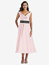 Front View Thumbnail - Ballet Pink & Caviar Gray Off-the-Shoulder Draped Wrap Satin Midi Dress with Pockets