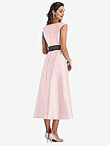 Rear View Thumbnail - Ballet Pink & Caviar Gray Off-the-Shoulder Draped Wrap Satin Midi Dress with Pockets