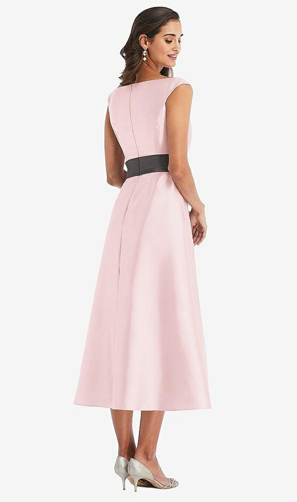 Back View - Ballet Pink & Caviar Gray Off-the-Shoulder Draped Wrap Satin Midi Dress with Pockets