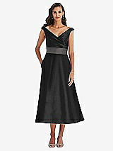 Front View Thumbnail - Black & Caviar Gray Off-the-Shoulder Draped Wrap Satin Midi Dress with Pockets