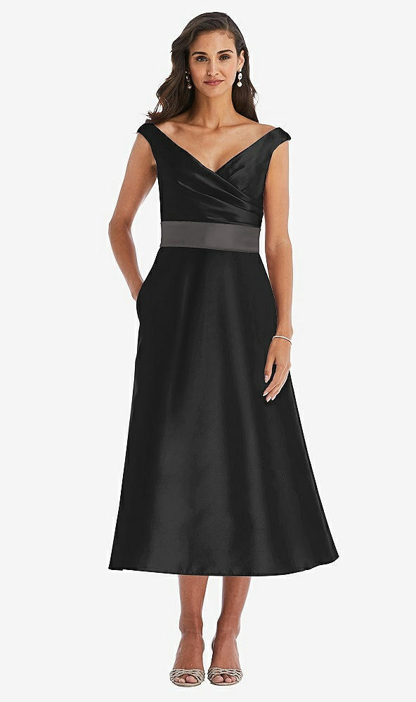 Front View - Black & Caviar Gray Off-the-Shoulder Draped Wrap Satin Midi Dress with Pockets