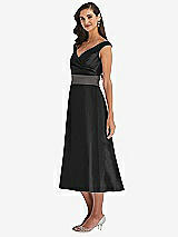 Side View Thumbnail - Black & Caviar Gray Off-the-Shoulder Draped Wrap Satin Midi Dress with Pockets