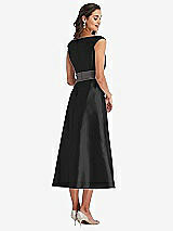 Rear View Thumbnail - Black & Caviar Gray Off-the-Shoulder Draped Wrap Satin Midi Dress with Pockets