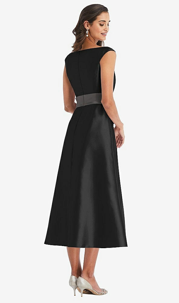 Back View - Black & Caviar Gray Off-the-Shoulder Draped Wrap Satin Midi Dress with Pockets