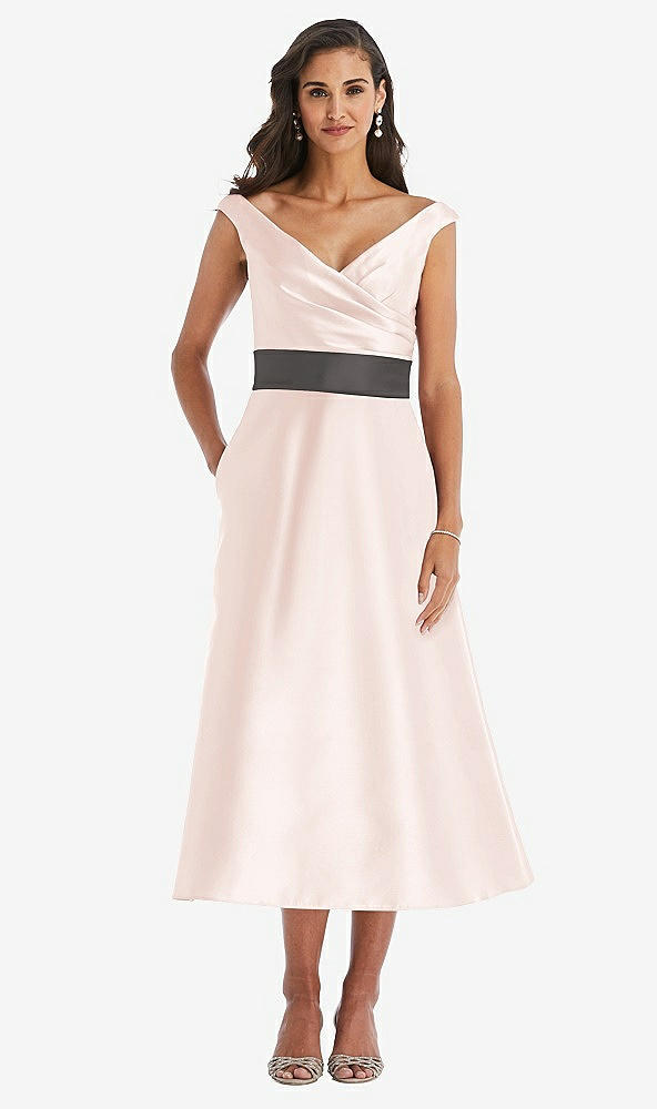 Front View - Blush & Caviar Gray Off-the-Shoulder Draped Wrap Satin Midi Dress with Pockets