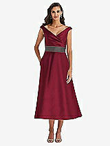 Front View Thumbnail - Burgundy & Caviar Gray Off-the-Shoulder Draped Wrap Satin Midi Dress with Pockets