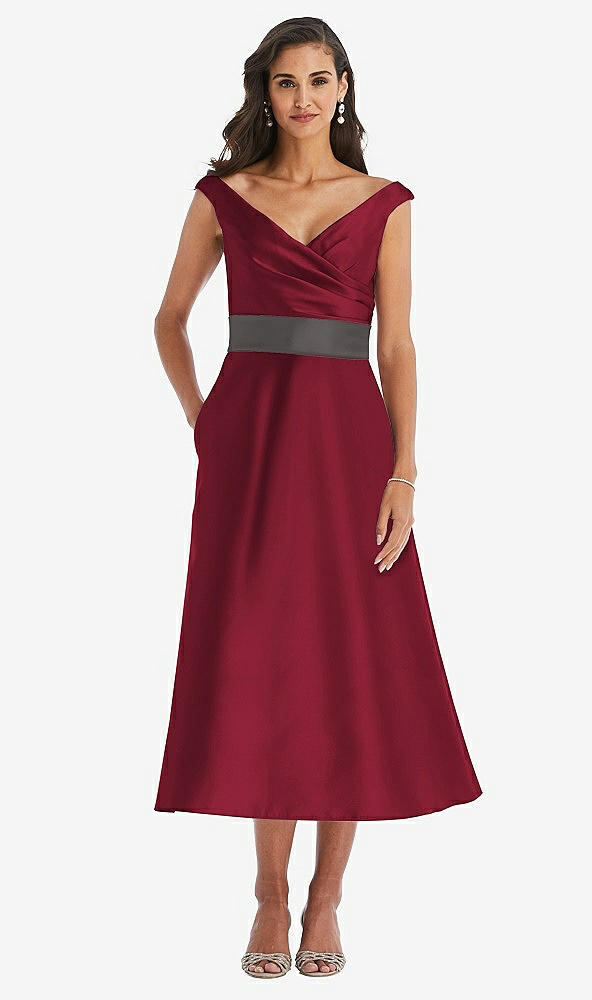 Front View - Burgundy & Caviar Gray Off-the-Shoulder Draped Wrap Satin Midi Dress with Pockets