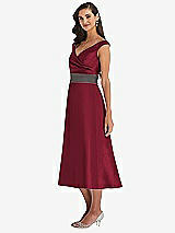 Side View Thumbnail - Burgundy & Caviar Gray Off-the-Shoulder Draped Wrap Satin Midi Dress with Pockets