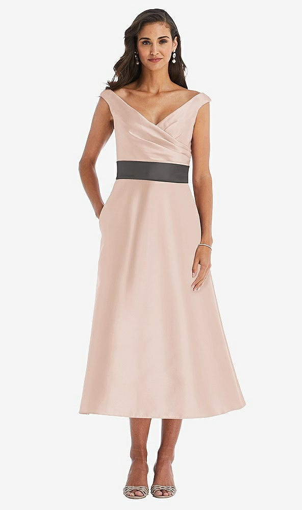 Front View - Cameo & Caviar Gray Off-the-Shoulder Draped Wrap Satin Midi Dress with Pockets