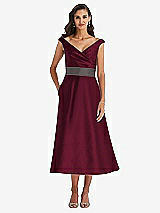 Front View Thumbnail - Cabernet & Caviar Gray Off-the-Shoulder Draped Wrap Satin Midi Dress with Pockets