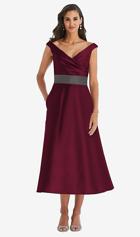 Front View - Cabernet & Caviar Gray Off-the-Shoulder Draped Wrap Satin Midi Dress with Pockets