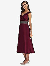 Side View Thumbnail - Cabernet & Caviar Gray Off-the-Shoulder Draped Wrap Satin Midi Dress with Pockets