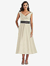 Front View Thumbnail - Champagne & Caviar Gray Off-the-Shoulder Draped Wrap Satin Midi Dress with Pockets