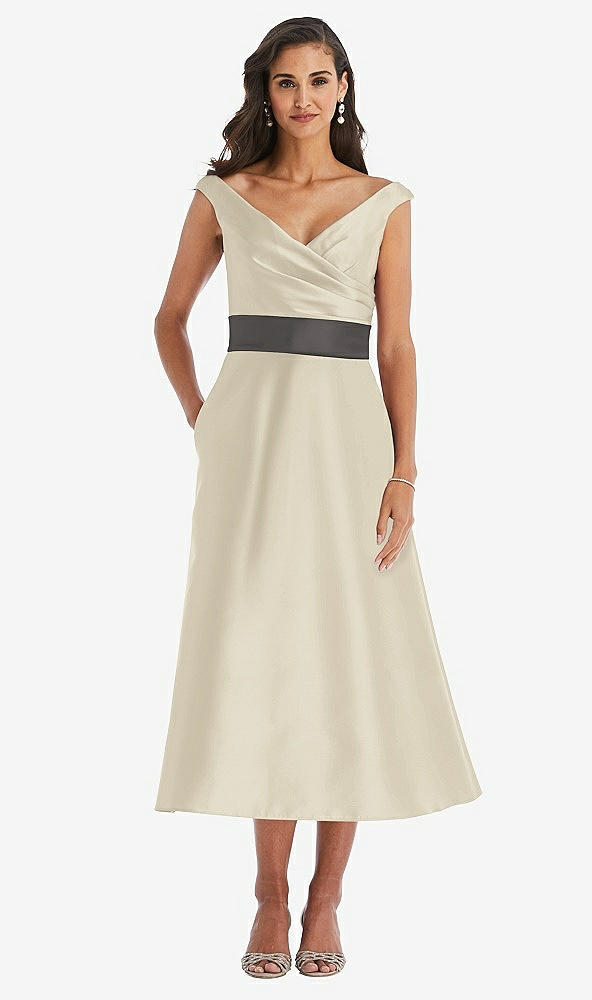 Front View - Champagne & Caviar Gray Off-the-Shoulder Draped Wrap Satin Midi Dress with Pockets