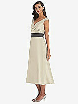 Side View Thumbnail - Champagne & Caviar Gray Off-the-Shoulder Draped Wrap Satin Midi Dress with Pockets