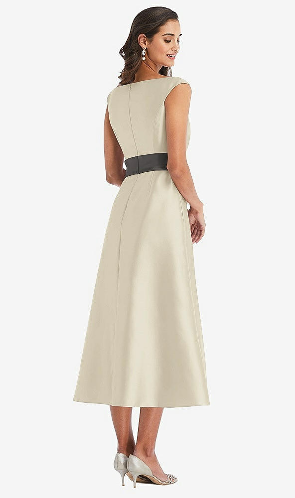 Back View - Champagne & Caviar Gray Off-the-Shoulder Draped Wrap Satin Midi Dress with Pockets