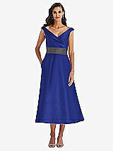 Front View Thumbnail - Cobalt Blue & Caviar Gray Off-the-Shoulder Draped Wrap Satin Midi Dress with Pockets