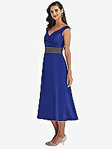 Side View Thumbnail - Cobalt Blue & Caviar Gray Off-the-Shoulder Draped Wrap Satin Midi Dress with Pockets