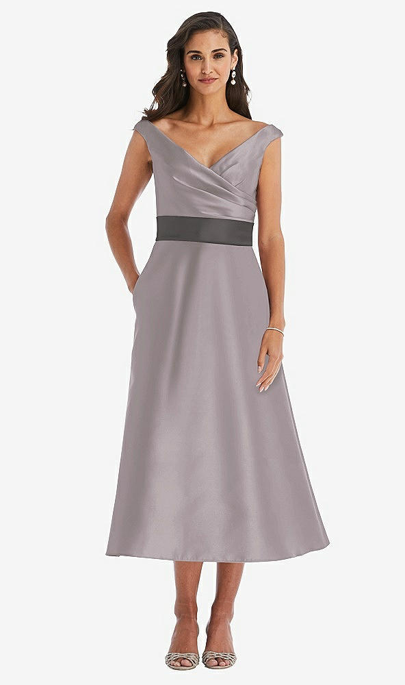 Front View - Cashmere Gray & Caviar Gray Off-the-Shoulder Draped Wrap Satin Midi Dress with Pockets