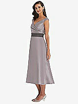 Side View Thumbnail - Cashmere Gray & Caviar Gray Off-the-Shoulder Draped Wrap Satin Midi Dress with Pockets